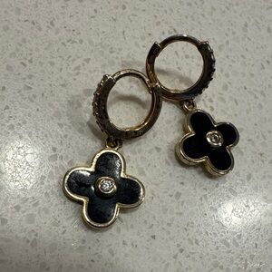 Gold-Tone Black Clover Drop Earrings with Crystal Center